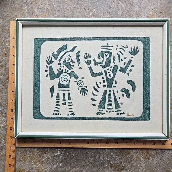 Patric Signed Modern Tribal Abstract Print 13x17 Midcentury Green Framed Art VTG